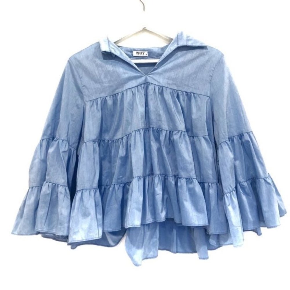Why Dress Ruffled V-Neck Bell Sleeve Blue Blouse S